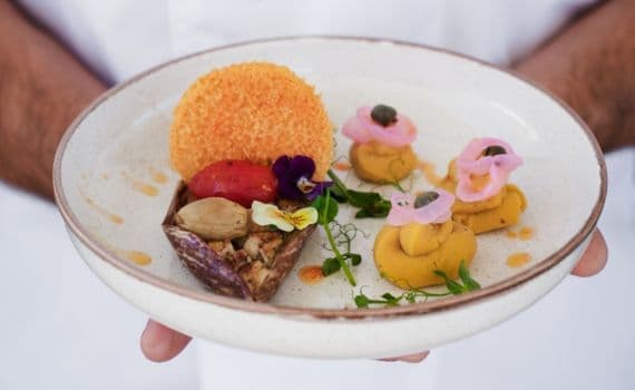 Gourmet plated dish with colorful components and artistic presentation, held by a chef in uniform on a yacht